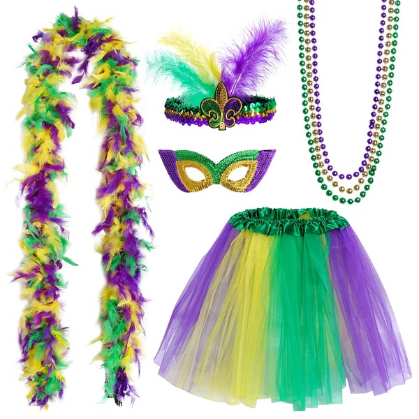Mardi Gras Costume Accessory Set Tutu Skirt, Faux Feather Headband, Mask,Mardi Gras Beads,Feather Boa for Women and Girls