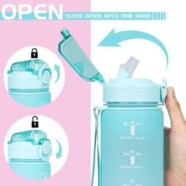CodiCile Drinking Bottle 1 L, Water Bottle with Straw and Time Marking, Leak-Proof 1 Litre Water Bottle with Lid, BPA-Free Sports Water Bottle for Sports, Office, Bike, Running, Mint Green, Pink