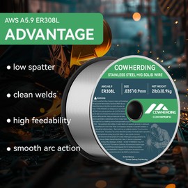 COWHERDING Mig Welding Wire, Flux Core Wire .035" ER308L 2-Pound Gas Solid Carbon Steel Low Splatter Mig Welding Wire Solid Wire for Mild Stee, High Feedability Strong ABS Plastic Spool Welding Wire