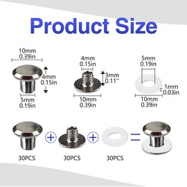 SHSMPXOY 30 Sets Chicago Book Screws Stainless Steel M5 x 4 mm Chicago Screws Bookbinding Screws Screw Rivets for Leather, Bags, Books, Collars, Backpacks, Dog Leads (Silver)