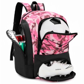 HMLIN OUTOOORS Soccer Backpack with Ball Holder,Youth soccer Bag for Basketball,Volleyball-Includes Separate Shoe Compartment&and Insulation (Camopink)