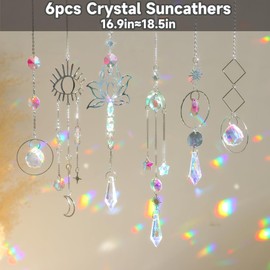 Sun Catcher Crystal Wind Chime, Pack of 6, Crystal Pendant, Gold Moon Star Rainbow Crystals Pendant, Rainbow Sun catcher Crystal, Window Decoration,Hanging, for Home, Office, Garden, Outdoors
