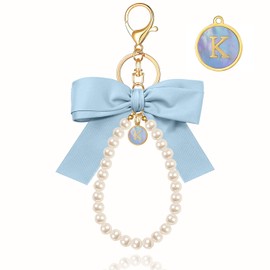 XGALBLA Blue Initial Letter Cute Bow Keychain for Women, Wristlet Simulated Pearl Key Chains Bag Charms for Car Key Handbags Backpacks Coquette Bow Keychain Accessories(Shell Letter K)