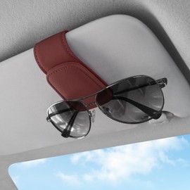 Sunglasses Holders for Car Visor,Car Magnetic Glasses Holder Leather Sunglasses Clip and Ticket Card Clip Suitable for Car Interior Visor and Different Size Eyeglasses.(Deep red)