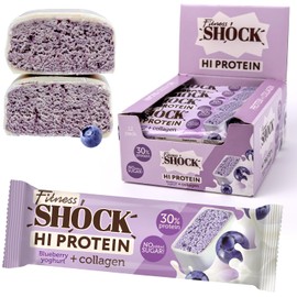 FitnesSHOCK Proteinriegel Set mit hohem 30% 12g Proteingehalt Eiweißriegel ohne Zuckerzusatz mit 5g Kollagen low carb ballaststoffreich kalorienarm Heidelbeer-Joghurt-Geschmack 12Stk 40g