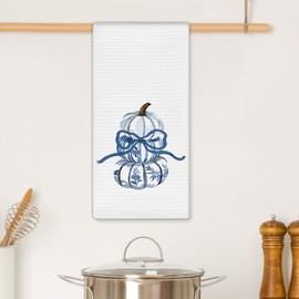 EGBTL Fall Blue and White Chinoiserie Pumpkin Kitchen Towels, Blue Coquette Bow Pumpkin Hand Towels for Bathroom, Grandmillennial Autumn Dishcloths Dish Towel for Kitchen 16x24 Inches