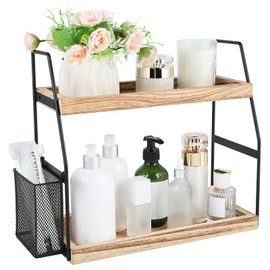 Uneviesyka Bathroom Counter Organizer, 2-Tier Standing Storage Shelf with Basket, Wood Tray for Skincare Vanity Organizer(Brownish)