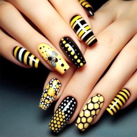 LWTZLW Bee Press on Nails Yellow Black Long Square Fake Nails Polka Dots Full Cover Glue on Nails Cute Bee Coffin Acrylic False Nail Black Yellow Stripes Glossy Artificial Nail Reusable for Women