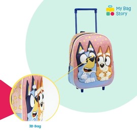 mybagstory - Bluey 3D Wheeled Bag – Child 31 x 25 x 10 cm – 1 Zipped Compartment – Trolley 2 Wheels – Relief Effect – Ideal for Kindergarten, Holidays or Outings