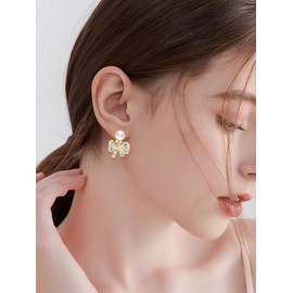 Yoursfs Bow Drop Dangle Stud Earrings for Women Gold Plated Dainty CZ Pearl Pierced Earring Trendy Jewelry Gift for Women