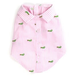 The Worthy Dog Embroidered Alligator Stripe Seersucker Button Up Look Pet Shirt, Soft Cotton Tank T-Shirt for Dogs, Breathable Summer Outfit, Fits XS Size Dogs, Pink