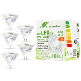 Greenandco® MR16 GU5.3 LED Spotlight, 5 W, 430 lm, 38°, 3000 K, Warm White, COB LED, 12 V AC/DC, Not Dimmable, Pack of 5