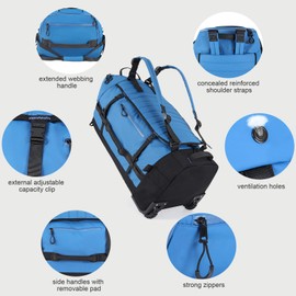 Rolling Duffle Bag with Wheels,86L 30”Folding Duffle Backpack with 2 Wheels,Travel Bag with Separate Shoe Compartment,Blue