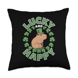 St Patricks Day, Lucky Happy Capybara In A Shamrock Wreath Throw Pillow