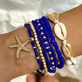 Summer Beach Surfer Girl Bracelets Set Shell Bracelets for Women Layered Beaded Bracelets Seashell Starfish Bracelets Summer Beach Bracelets Jewelry for Women Teen Girl Gifts (Deep Blue)