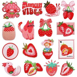 16 Pcs Strawberry Animals Emblem Iron on Sew on Patch Colorful Embroidered Red Cute Styles Patches Sewing Applique DIY Decoration Accessory for Clothes,T-Shirt,Backpacks,Vest,Hats