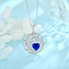 FJ Tree of Life Necklace Women's 925 Sterling Silver Tree of Life Necklace Pendant Birthstone Jewellery Gifts for Women, Cubic Zirconia, Sapphire