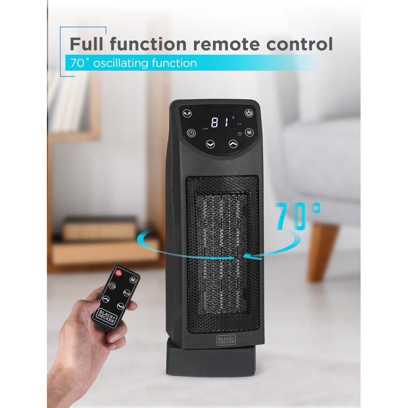 BLACK+DECKER Oscillating Ceramic Desktop Heater with Remote with Adjustable Thermostat,