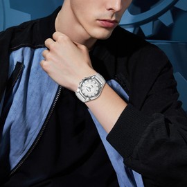 Silverora Men's Watches Leather Cuff Steampunk Watches: Punk Large Digital Dial Analogue Quartz Watches Men's Wide Leather Strap Watch Gifts for Men Rock Motorcycle, White, Strap.