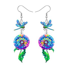 BONSNY Colorful Dragonfly Dandelion Flower Dangle Earrings, Whimsical Nature Inspired Statement Jewelry for Women,Blue Fun Hawaii Luau Party Summer Accessory (Blue)