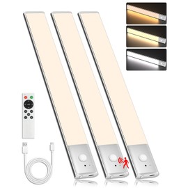 LAJOSO Under Cabinet Lighting Wireless Motion Sensor Light Indoor, 12" Rechargeable Kitchen Bar Lights, 300LM Ultra-Bright Cabinet Lights with Remote, 2500mAH, USB-C, 3 Colors, 3 Pack​s