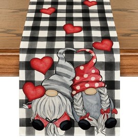 Artoid Mode - Camino de mesa con diseño de búfalo a cuadros, con corazones y gnomos, para el día de San Valentín, aniversario de temporada, boda, día festivo, cocina, comedor, decoración para