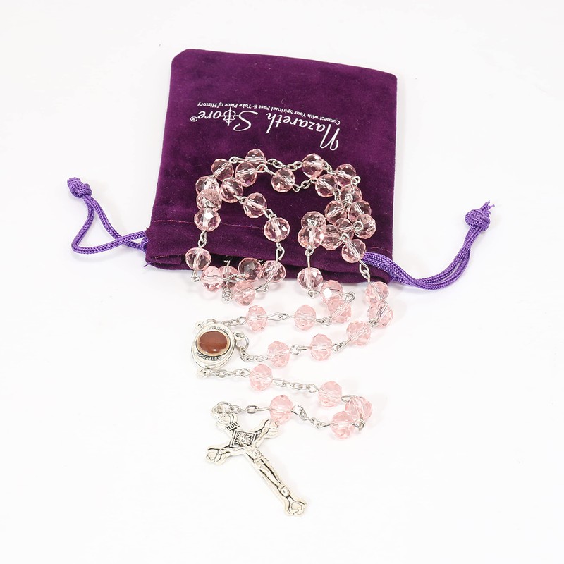 Light Pink Crystal Beads Rosary Catholic Necklace Holy Soil Medal