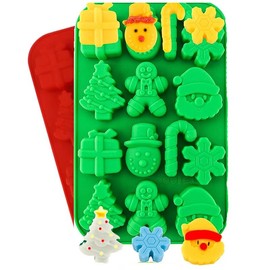 Christmas Theme Silicone Mold 2PCS-14Cavitives Gingerbread Man Candy Cane Snowman Christmas Tree Snowflake Santa Clause Presents Chocolate Silicone Molds for Candy Soap Jelly Ice Cube Tray