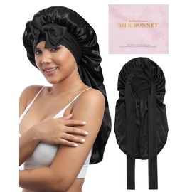 AWAYTR Long Silk Bonnet for Sleeping - 100% Mulberry Silk Bonnet for Women Long Hair Sleep Cap with Elastic Tie Band (Black)