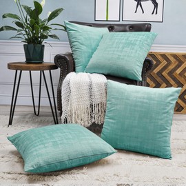 BYTIDE Art Velvet Decorative Square Throw Pillow Covers 20 x 20 Inches Set of 4, Cushion Case Pillowcase Pillowslip for Couch Bed Sofa Car Bedroom Living Room, Aqua