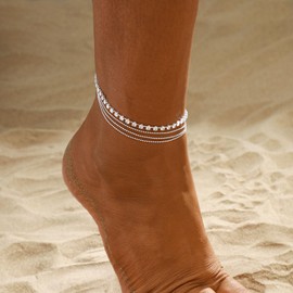 SUFOPE Anklets for Women 14K Silver Plated Ankle Bracelets Dainty Waterproof Bead Rhinestone Anklet Bracelet Trendy Women's Anklets Silver Jewelry Set for Gift