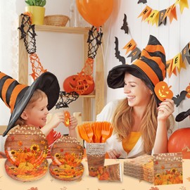 182pcs Fall Paper Plates and Napkins Set,Watercolor Fall Party Supplies Disposable Dinnerware for Autumn Leaves Thanksgiving Party Decorations,Serve 30 Guests