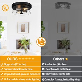 Flush Mount Ceiling Light Fixtures, 2-Light Black and Silver Ceiling Mount for Farmhouse with Seeded Glass Lampshade, Industrial Flush Mount Light Fixture for Hallway, Kitchen, Entryway and Foyer