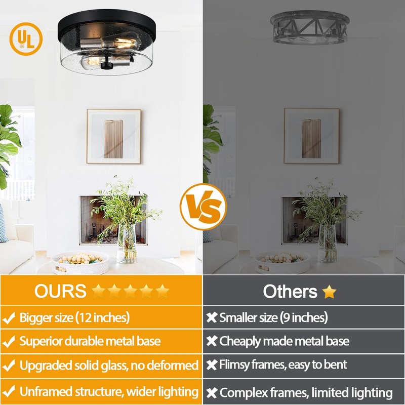 Flush Mount Ceiling Light Fixtures, 2-Light Black and Silver Ceiling