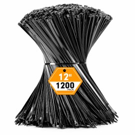 RAZCC 1200pcs Black Cable Zip Ties 12 Inch, Heavy Duty Plastic Nylon Tie Wraps with 50lb Tensile Strength for Indoor & Outdoor