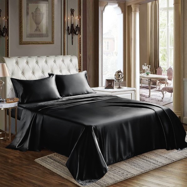 CozyLux Satin Sheets Full Size - 4 Piece Black Bed