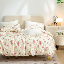 Floral Queen Duvet Cover, 100% Brushed Microfiber 3-Piece Queen Bedding Set with Floral Pattern and Zipper Closure