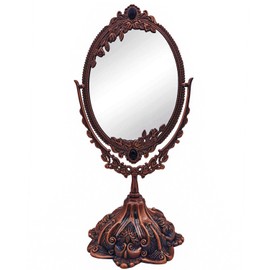 Hsiwto Vintage Double Side Makeup Mirror, Alloy Metal Table Makeup Desktop Mirror with 360 Degree Rotation Cosmetic Makeup Tool for Women Girls, Small Red Copper