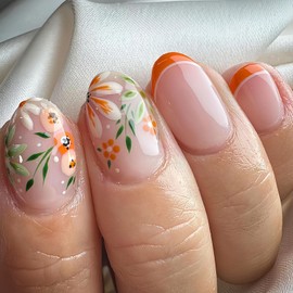 BFY Flower Press on Nails Short Almond Fake Nails, Orange Flowers Leaf French Acrylic Nails Tip, Spring Summer Nude Glossy Gel False Nails Kits Natural Fit Stick on Nails Glue 24Pcs