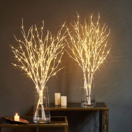 LITBLOOM Lighted White Twig Branches with Timer and Dimmer 2 Sets Tree Branch with Warm White Lights for Holiday Party Decoration 32IN 150 LED Waterproof Plug in