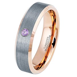 0.07ct Amethyst Tungsten Ring - February Birthstone - 6MM Two-tone Rose Gold Ion-plated Beveled Edge Grey Brushed Center Comfort Fit Unisex Wedding Anniversary Band -9.5