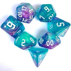 Galaxy Swirl Polyhedral Dice Set, 7-Piece, Turquoise and Purple Glitter, for DND and Tabletop Games