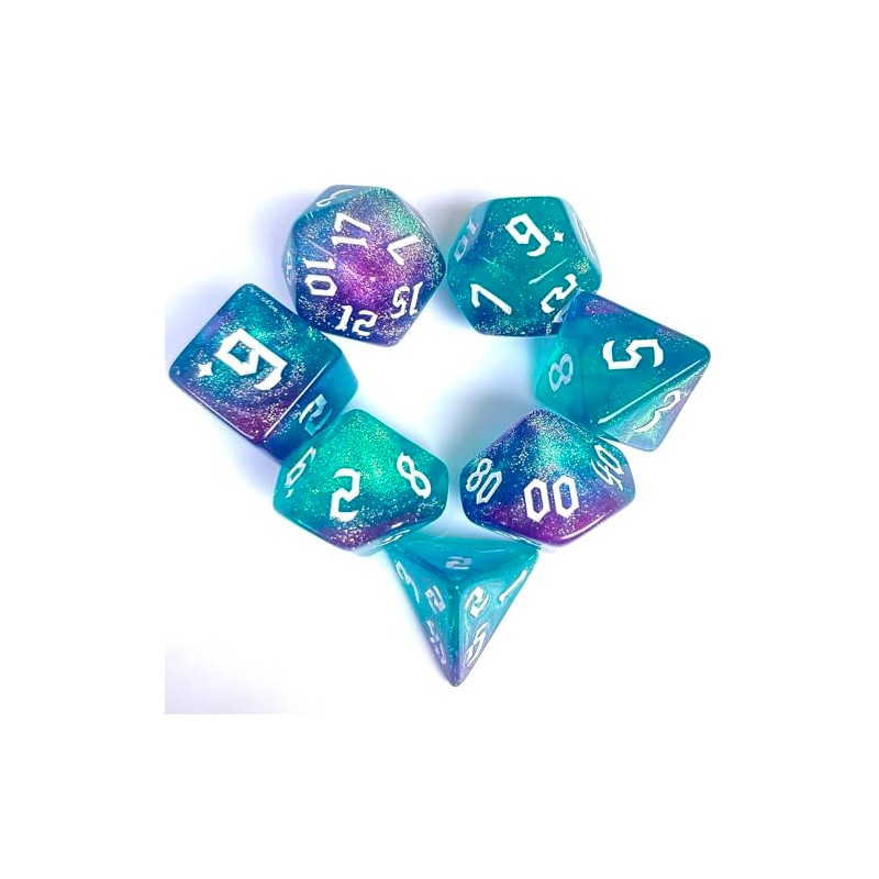 Galaxy Swirl Polyhedral Dice Set, 7-Piece, Turquoise and Purple Glitter,