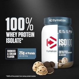 Dymatize ISO100 Whey Protein Powder Isolate, Cookies & Cream, 25g of Protein, 5.5g BCAAs, Less Than 120 Cal., Gluten Free, 1g Fat, 1g Sugar, 2g Carb (