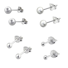 Ball Stud Earrings - Pack of 4 x Plain Pairs - Multipack Set - 925 Sterling Silver