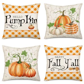 Fukeen Hello Pumpkin Happy Fall Y’All Throw Pillow Covers 24x24 Inch Set of 2 Burnt Orange Buffalo Plaid Checkered Autumn Maple Leaf Decorative Pillow Cases Harvest Thanksgiving Day Pillows Covers