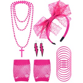 Blulu 80s Costume Accessories Women Fishnet Gloves Headband Earrings Cross Necklace Bracelet for 80s Retro Party(Rose Red)