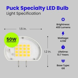 Feit Electric LED G8 Puck Light Bulb, 3000K Warm White, 120V, 400 Lumens,15,000 Hour Lifetime, Under Cabinet Lighting, BP50G8/830/SU/LED, 1 Pack