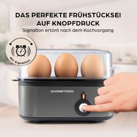 GOURMETmaxx Eierkocher für 3 Eier | Egg Boiler mit Eierstecher im Messbecher | Egg Cooker – 3 Härtegrade für deinen Eierbecher | Design Eierkocher klein – spülmaschinenfeste Teile