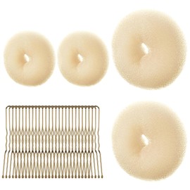 URAQT Doughnut Hair Bun Set, 4 Pieces Bun Maker, Bun Maker Large and Small with 30 U-Shaped Hair Clips, Doughnut Hair Updo Accessories for Hairstyle Dancer Children Girls Women (4 Beige (2 x 6 + 2 x 8))